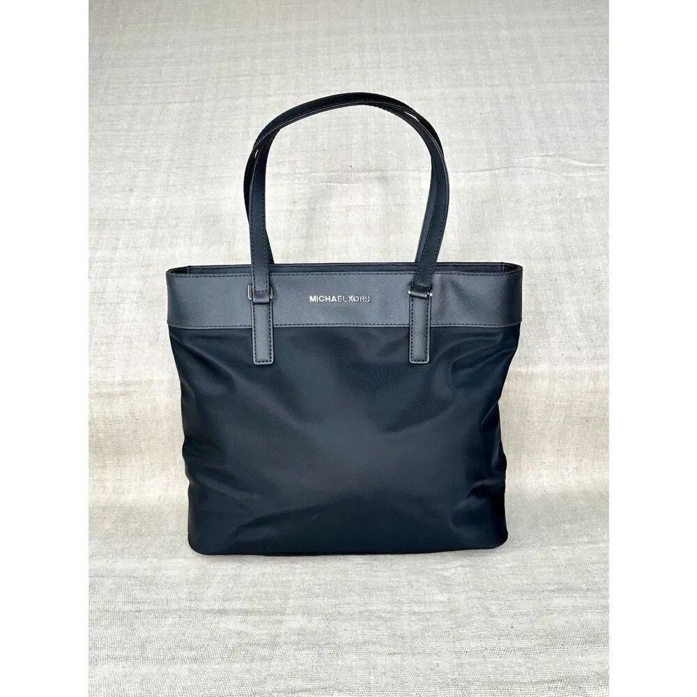 NWT NEW Michael Kors Morgan Nylon Tote Bag Black Size Medium Double Strap Gold